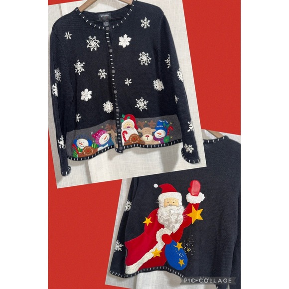 Studio Sweaters - Vintage Designers‎ Studio Christmas Women's L Sweater Cardigan Santa Snowman